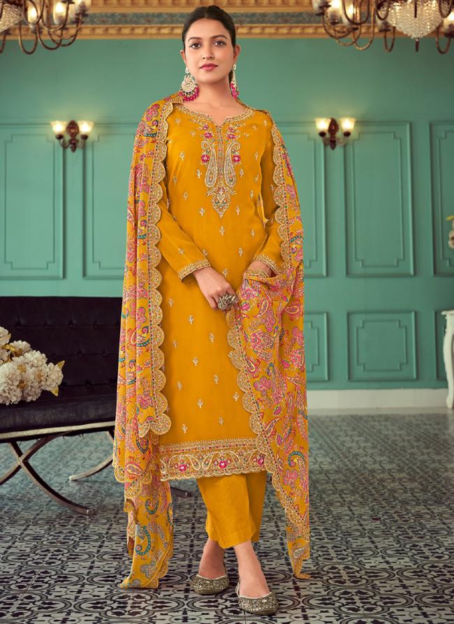 Real Georgette Mustard Wedding Wear Embroidery Work Straight Suit